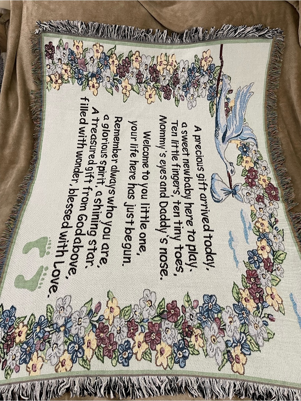 Precious Gift, New Baby W/Footprints 38” X 51” VTG Tapestry Throw